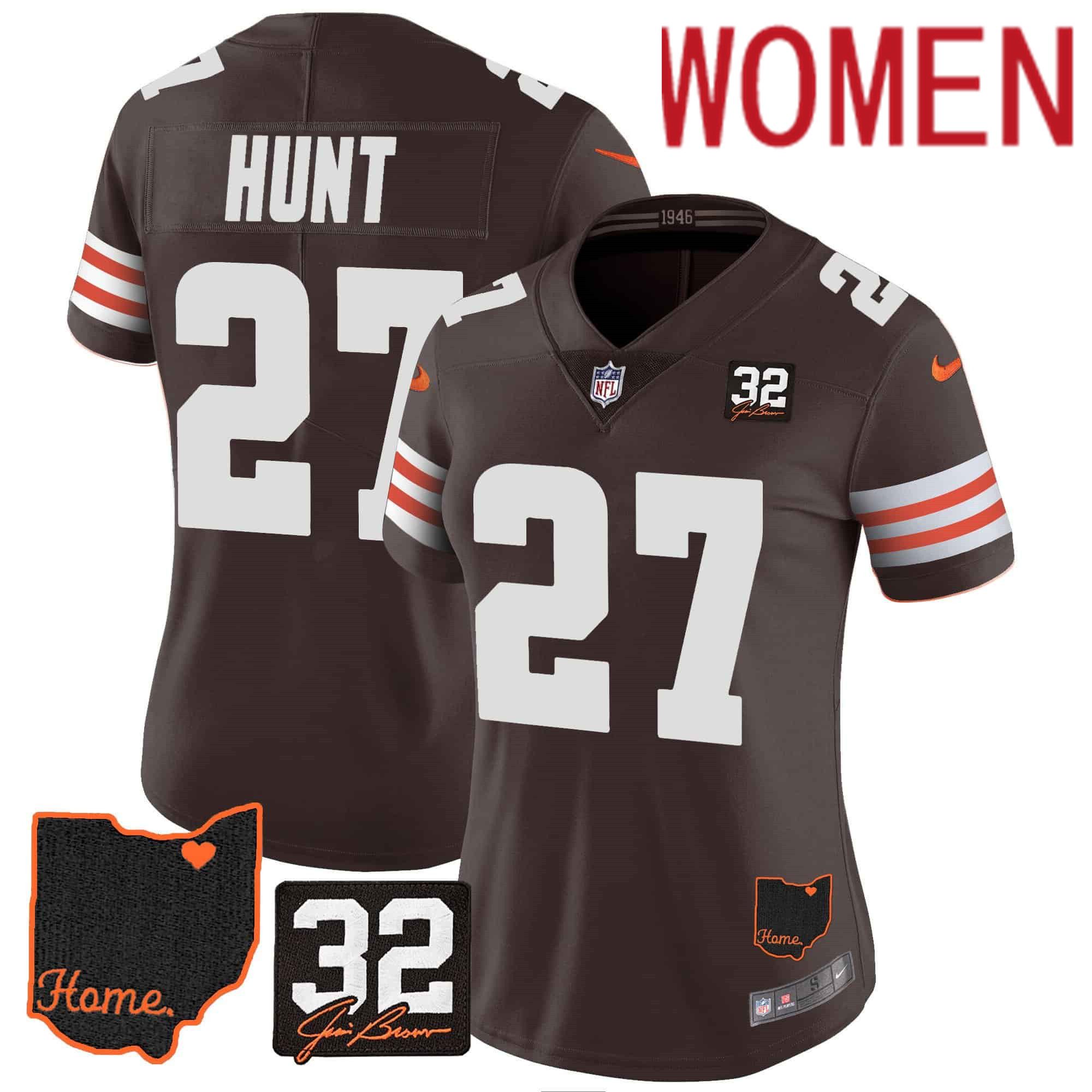 Women Cleveland Browns #27 Hunt Brown Memorial Home Patch 2024 Nike NFL Jersey style 1